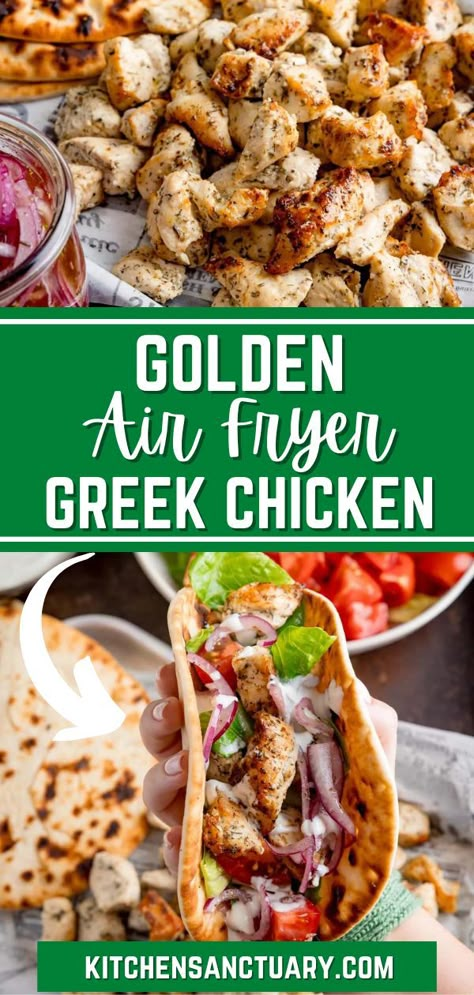 Greek Chicken Pitas Recipes, Greek Lemon Garlic Chicken Salad, Mediterranean Chicken Pitas, Quick Greek Chicken, Chicken Gyro Air Fryer, Greek Chicken Euros, Chicken Euros, Greek Chicken Lunch Meal Prep, Greek Chicken Roll Ups