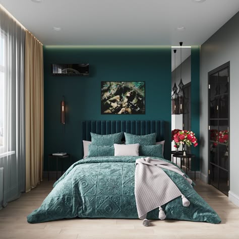 Teal and copper bedroom