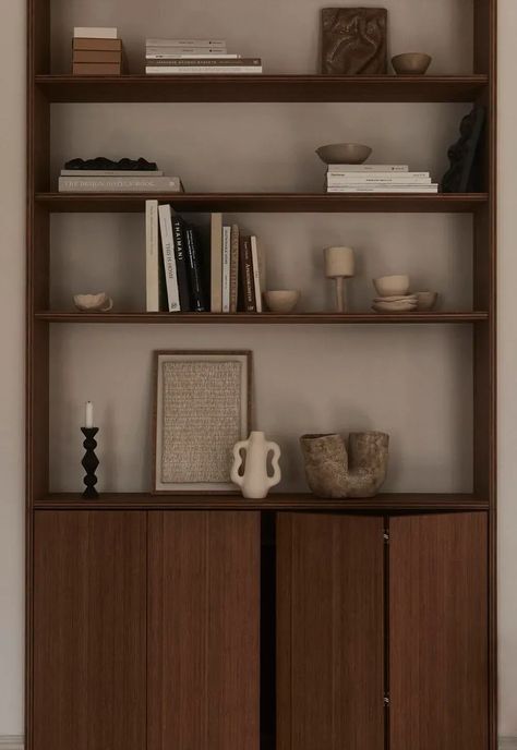 Bamboo display cabinet with minimalist shelf styling and sculptural ceramics in neutral earthy tones | 'The House' - a muted, minimalist retreat from Ask og Eng | These Four Walls blog Cabinet Styling Display, Minimalist Shelf Styling, Cabinet Styling, Minimalist Shelf, Norwegian Home, Sculptural Ceramics, Minimalist Cabinet, Wall Storage Shelves, Minimalist Shelves