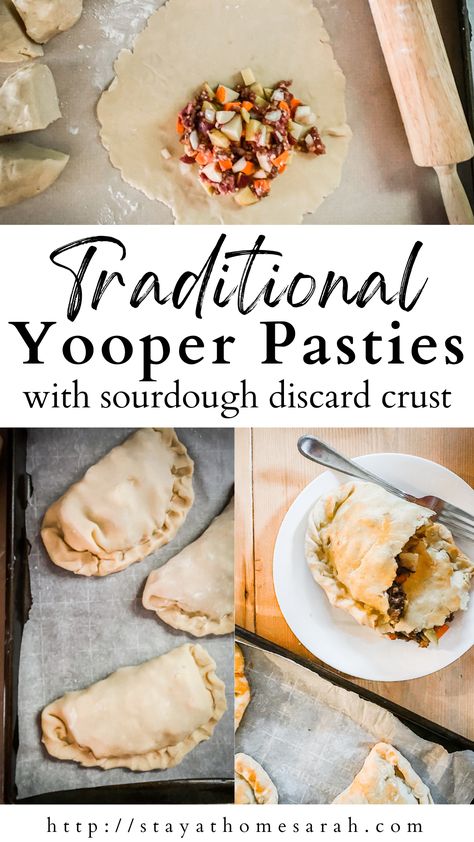 Traditional Yooper Pasties are the ultimate Michigan comfort food. This recipe uses a sourdough discard crust to make these delicious hand pies filled with meat and vegetables. I promise everyone will love them! Yooper Pasties, Yooper Pasty Recipe, Pasty Recipe Michigan, Savory Hand Pies Recipes, Pasty Recipe, Sourdough Starter Discard, Hand Pies Savory, Pasties Recipes, Homemade Pie Crust Recipe