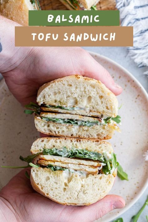 This Balsamic Tofu Sandwich is easy to make and super flavorful! Pile fresh greens, creamy garlic aioli and seasoned tofu on some hearty ciabatta bread and you have yourself a delicious vegan lunch or light dinner. Balsamic Tofu, Seasoned Tofu, Best Tofu Recipes, Sandwich Wraps Recipes, Tofu Sandwich, Plant Based Lunch, Graduation Party Foods, Ciabatta Bread, Garlic Aioli