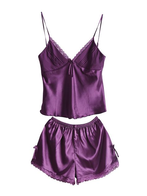 Pajamas Purple, Shorts Sleepwear, Satin Nightwear, Satin Camisole, Compression Garment, Lace Cami Top, Lace Silk, Satin Pyjama Set, Sleepwear Sets