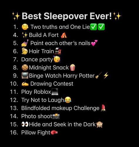 Sleepover Checklist Things To Do, Roblox Sleepover Ideas, The Ultimate Sleepover List, Sleepover List Ideas, Ultimate Sleepover Checklist, Sleepover Snacks List, Snacks To Make At A Sleepover, Things To Do At A Sleepover With Bff At Night, Sleep Over Snacks Ideas