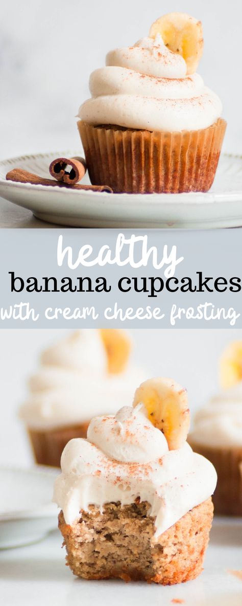 In the mood for a sweet snack that's healthy but still delicious? Try these Healthy Banana Cupcakes with Cream Cheese Frosting! They're perfectly rich and make a great dessert or mid-day snack. Ready in under an hour. Healthy Banana Cupcakes, Healthy Birthday Cupcakes, Healthier Birthday Desserts, Banana Cupcakes Healthy, Healthy Cupcake Recipes For Kids, Healthy Bday Treats, Healthy Bday Cake, Healthy Frosting For Baby, Health Cupcakes