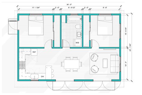 750 sq. ft. Detached ADU in the Castro Valley | Cottage Floor Plan Cottage, 2 Bedroom Adu, Cottage Build, Adu Ideas, Valley Cottage, Shower Plumbing, Flex Space, Backyard Views, Harbor City