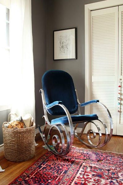 It’s in great shape, but probably could do with a fresh twist with its fabric color. Bentwood Rocker, Bentwood Rocking Chair, Rocking Chair Pads, Velvet Rug, White Closet, Scandinavian Dining Chairs, Gray Walls, Grey Wall, Rug Ideas