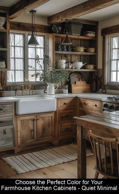 Is it true that white is the only way to achieve the quintessential farmhouse kitchen look? While white cabinets certainly offer a timeless and versatile Old Farmhouse Interior, Minimal Farmhouse, Meadow House, Old Farmhouse Kitchen, Rustic Kitchens, Farmhouse Living Room Ideas, Chic Home Design, Log Home Interiors, Elegant Kitchen Design