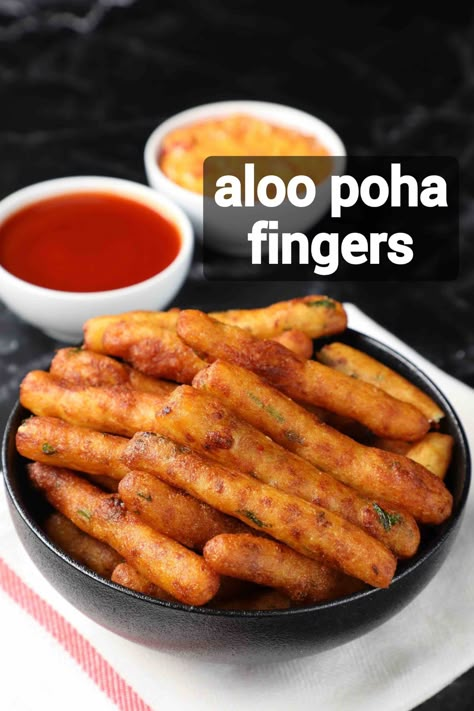 poha fingers recipe | crispy poha & potatoes fingers | beaten rice fingers Potato Fingers, Recipes Kids Can Make, Hebbars Kitchen, Aloo Recipes, Spicy Snacks Recipes, Veg Snacks, Healthy Indian Recipes, Breakfast Recipes Indian, Chaat Recipe