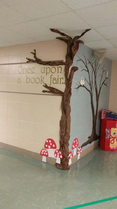 Enchanted Forest Classroom Display, Fantasy Forest Decorations, Enchanted Forest Theme Book Fair, Enchanted Forest Hallway Decor, School Book Fair Theme, Enchanted Forest School Decorations, Enchanted Forest Hallway, Enchanted Forest School Theme, Into The Woods Decorations