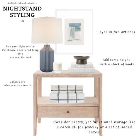 Nightstand styling books candle lamp artwork interiors McGee and co How To Style Nightstand, How To Decorate Nightstand, Bed Sage Green, Minimal Nightstand, Master Beds, Shower Bed, Large Nightstand, Deck Sunroom, Blue Nightstands