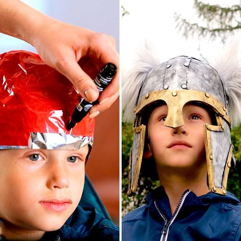 How To Make A Viking Helmet, Viking Helmet Diy, Hades Helmet, How To Make Metal, Kid Diy, Viking Hat, Easy Diy Costumes, Warrior Helmet, Viking Helmet