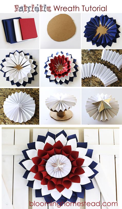 Honor America! -Patriotic Wreath, supply list & instructions, by Blooming Homestead Diy Patriotic Wreath, 17. Mai, Patriotic Wreaths, 4th July Crafts, Fourth Of July Decor, Patriotic Crafts, Soyut Sanat Tabloları, 4th Of July Decorations, Patriotic Holidays