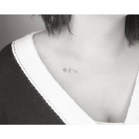 Sun And Moon Tattoos, Moon Star Tattoo, Moon Sun Tattoo, Tattoo Moon, Astronomy Stars, Moon Tattoos, Sun Moon And Stars, Sun Tattoos, Collar Bone Tattoo