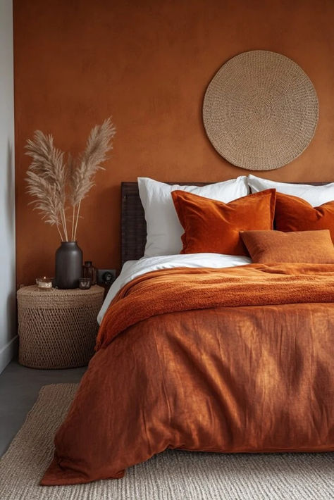 Sophisticated bronze and orange shades with velvet and organic textures create a rich sensory orange boho bedroom idea. Click here for more bronze boho inspirations! Orange Eclectic Bedroom, Orange And Wood Bedroom, Burnt Orange Bedding Boho, Rust Orange Bedroom Ideas, Rusty Orange Bedroom, Burnt Orange Bedroom Decor, Orange Boho Bedroom, Burnt Orange Bedroom, Orange Bedroom Decor