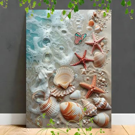 Painting Seashells, Vintage Maps Art, Seashell Projects, Framed Canvas Painting, Seashell Art, Seashell Crafts, Ocean Themes, Shell Art, On Beach