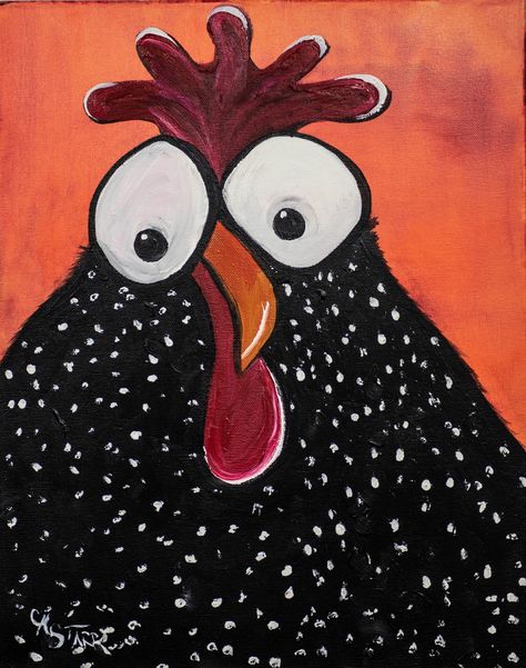 This whimsical, goggle-eyed chicken brings a delightful smile to all who view this painting. Some moments just are best described by this artwork. Have you had a few of those moments yourself? Signed by the artist. Dimension: 16"x 20"Medium: Acrylic PaintMaterial: Stretched Cotton Canvas Depth of Canvas: 3/4" (Will protrude from the wall 3/4")Ready to Hang: Sides are painted and a wire is included across the back. Easy to hang. Frame: Not included unless requested for an additional charge. Chicken Painting Whimsical, Chicken Painted Rocks, Gnome Gourds, Chicken Painting Easy, Whimsical Chicken Art, Chicken Paintings, Bird Painting Diy, Rodeo Art, Painted Chicken