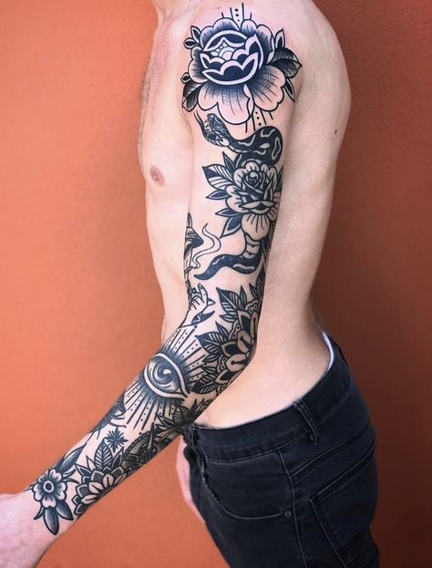 Forearm Sleeve American Traditional, Justice Traditional Tattoo, Blackwork Sleeve Tattoo Men, Neo Traditional Sleeve Black, Gold And Black Tattoo, American Traditional Tattoo Sleeve Black, Hippocrates Tattoo, Black Traditional Sleeve, Trad Patchwork Sleeve