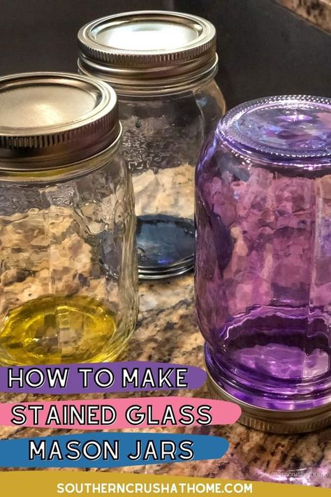 mason jars Staining Mason Jars, Painted Mason Jars Diy, Spray Painting Glass, Tinting Glass, Glass Jars Diy, Tinted Mason Jars, Farmhouse Chic Decor, Decorative Glass Jars, Painting Glass Jars