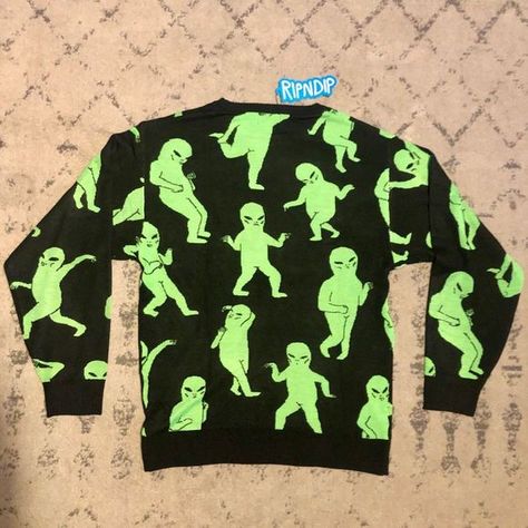 RIPNDIP - Green Dancing Alien Knit Sweater - Size M - NWT Rip And Dip, Alien Dance, Crew Neck Sweater Men, Rip N Dip, Party Sweaters, Skater Streetwear, Grey Crewneck, Cat Sweatshirt, Yellow Sweater