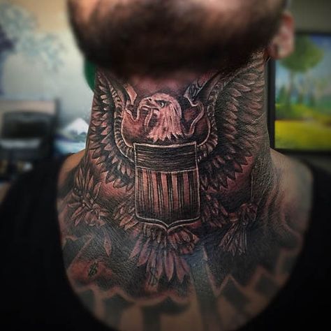 Harley Neck Tattoo, Eagle Throat Tattoo Men, Eagle Neck Tattoo Men, Patriotic Hand Tattoos, Eagle Throat Tattoo, Men’s Throat Tattoos, Eagle Tattoo Neck, Mens Throat Tattoo, Throat Tattoo Men