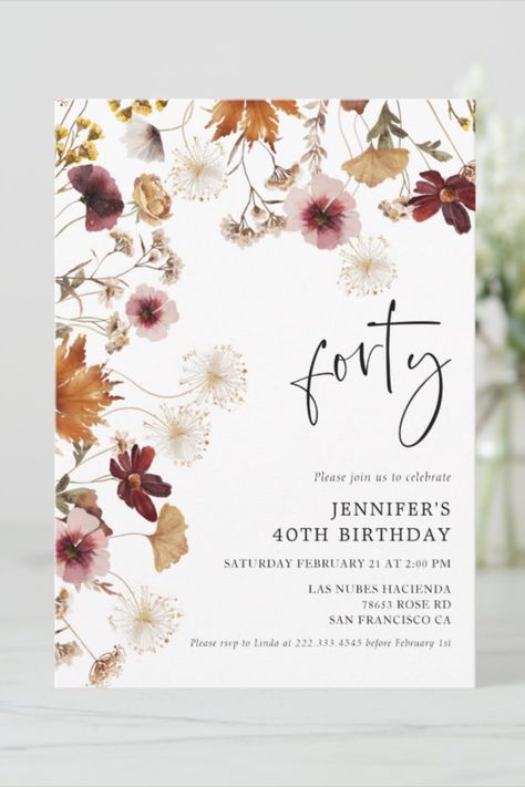 Burgundy Boho Fall Floral 40th Birthday Invitation
Embrace autumn and the rustic elegance of its florals, with these 40th Birthday Party invites! #40thbirthday #birthday #happybirthday #birthdaycards #birthdayparty #zazzle #floral 50th Birthday Party Themes, 40th Birthday Party Invites, Rustic Birthday, Floral Birthday Party, Chic Birthday, Birthday Party Invites, 40th Birthday Party, 40th Birthday Invitations, Fall Birthday