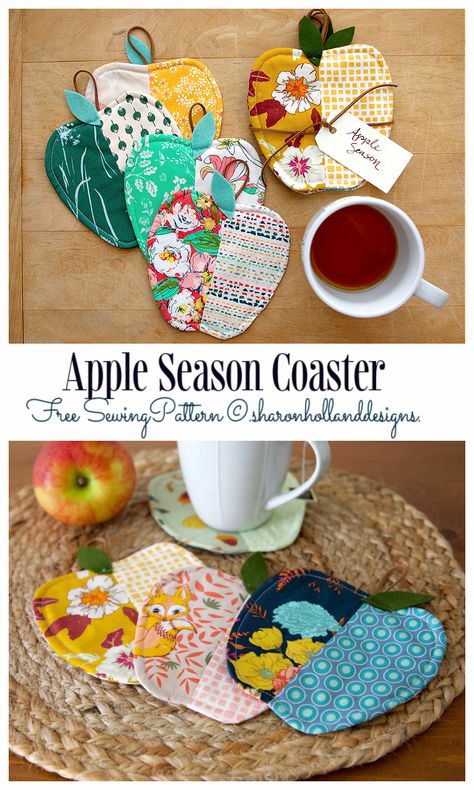 DIY Quilted Apple Coasters Free Sewing Patterns | Fabric Art DIY Sew Coasters Diy, Autumn Sewing Projects, Holiday Sewing Projects, Syprosjekter For Nybegynnere, Sew Gifts, Coasters Pattern, Kitchen Sewing, Sharon Holland, Diy Apple