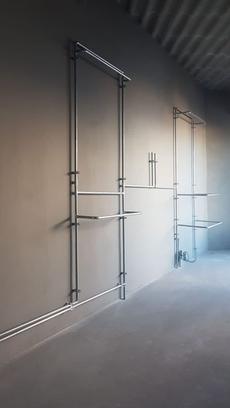 Conduit Shelving, Plumbing Fixture Display, Plumbers Pipe Shelving, Plumbing Showroom Display, Steel Pipe Shelving, Point Coffee, Tsutomu Nihei, Industrial Pipes Factory, Cafe Counter