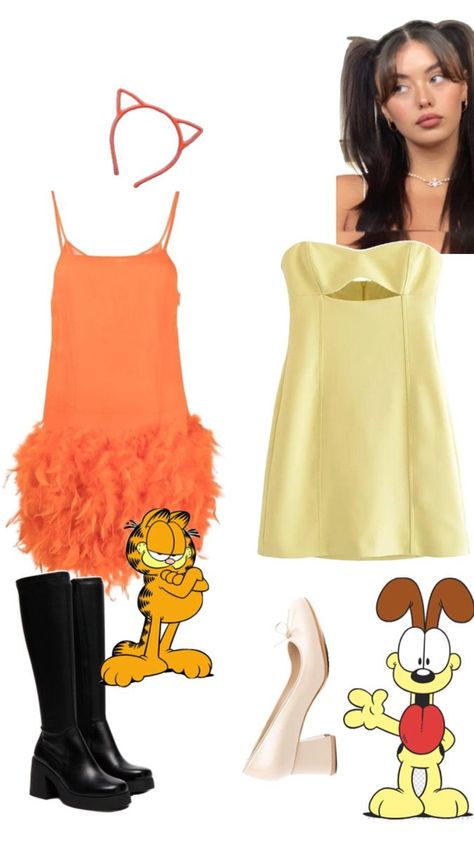 Good Halloween Costumes For Brunettes, Couple Customes Halloween 2023, Garfield Halloween Costume, Brunette Costume Ideas, Fall Halloween Costume, Halloween Costumes For Brunettes, Garfield Costume, College Halloween Costume Ideas, Halloween Duo