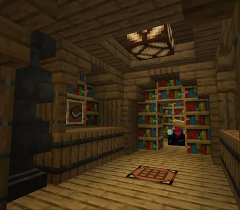 Minecraft Library Storage, Minecraft Stairs Design Inside, Bookshelf Minecraft Ideas, Bookshelf Design Minecraft, Underground Enchantment Room Minecraft, Minecraft Chest Room Designs, Workshop Minecraft, Minecraft Alchemy Room, Library Minecraft Ideas