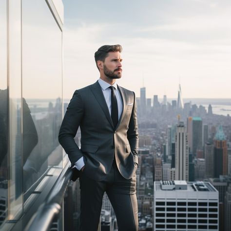 Executive Urban View: A confident man in a tailored suit overlooks the cityscape from a towering high-rise building. #businessman #skyline #cityscape #suit #high-rise #executive #dusk #professional #aiart #aiphoto #stockcake https://ayr.app/l/sRpn Consultant Outfit, Business Man Photography, Business Shoot, Confident Man, Photography Office, Office Men, Golden Rings, Tailored Suit, Man Photography