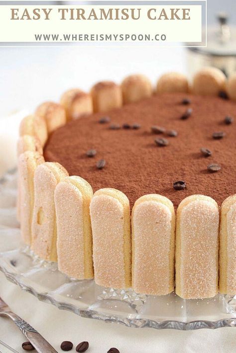 The best and easiest tiramisu cake with mascarpone and ladyfingers. This tiramisu torte is perfect for a birthday or any other kind of celebration, everybody will love it! #whereismyspoon #ladyfingers #mascarponecake #tiramisucake #tiramisutorte #tiramisurecipes Cake With Ladyfingers, Torte Recipes, Best Tiramisu, Upside Down Apple Cake, Tiramisu Cake Recipe, Cake With Mascarpone, Picnic Fruit, Finger Cookies, Swiss Rolls