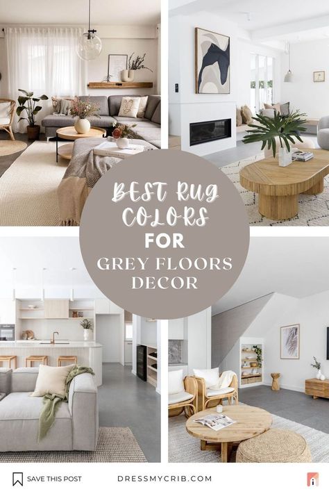 Are you wondering what area rug colors go with gray flooring? Here are our favorite grey flooring rug ideas that can add coziness and warmth to your home. Explore vibrant rug colors, warm and neutral rugs, such as jute rugs, beige rugs, ivory rugs, grey rugs and create a seamless decor. Don't struggle with what rug colors and tones will compliment your grey floors the best, find the best ideas now! Explore a beautiful collection of neutral rugs, vintage rugs, farmhouse rugs and more. Light Grey Flooring Living Room, Dark Grey Flooring Living Room, Grey Floor Living Room Ideas, Gray Flooring Living Room, Colors Go With Gray, Grey Floor Tiles Living Room, Floor Living Room Ideas, Grey Flooring Living Room, Grey Floor Rug