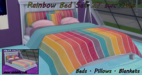 Rainbow Bed Set for Sims 4 | Violablu ♥ Pixels & Music ♥ | Sims 4 Updates -♦- Sims 4 Finds & Sims 4 Must Haves -♦- Sims 4 Cc Pride Furniture, Rainbow Sims 4 Cc, Sims 4 Cc Kidcore, Sims 4 Kidcore, Cute Calendars, Rainbow Furniture, Kidcore Clothes, Rainbow Bed, Sims 4 Beds