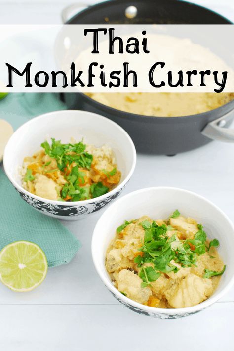 Thai recipes are perfect for adding some variety to your dinner table! Try this thai monkfish curry for a delicious, hearty meal. Picture hearty monkfish in a flavorful coconut curry sauce made with green curry paste, ginger, and lemongrass. #thai #monkfish #thaifood #healthyrecipes #healthyfood #curry #thaicurry Monkfish Curry, Monkfish Recipes, Green Curry Sauce, Coconut Curry Sauce, Green Curry Paste, Fish Recipes Healthy, Hearty Meal, Fish Curry, Healthy Fish