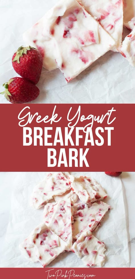 Image with text that says Greek yogurt breakfast bark with an image of greek yogurt breakfast bark by strawberries below and on top Greek Yogurt Dessert Healthy, Greek Yoghurt Recipes, Greek Yogurt Recipes Healthy, Greek Yogurt Snacks, Recipe With Greek Yogurt, Bark Recipes Easy, Greek Yogurt Honey, Yogurt Recipes Healthy, Yogurt Bark Recipe