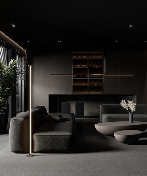 Shaping Slick Dark Interiors With Black & Grey Decor Black Grey Decor, Dark Interior Design, Grey Interior Design, Dark Living Rooms, Black Interior Design, Grey Dining Room, Black Living Room, Grey Decor, Dark Interiors