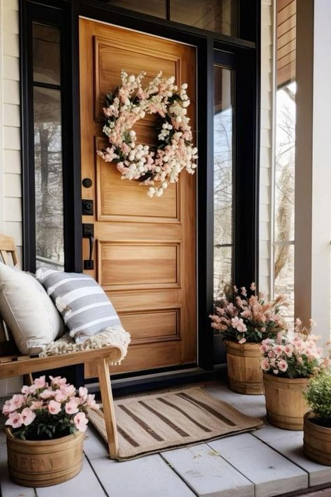 Modern Country Homes - Inspiring Styles Small Back Porch Privacy Ideas, French Porch Decor, Front Porch Set Up Ideas, Small Front Porch Ideas Summer, Outdoor Porch Decorating Ideas, Porch Decorating Spring, French Country Front Porch Ideas, Front Porch Spring Decor Ideas, Entry Porch Ideas