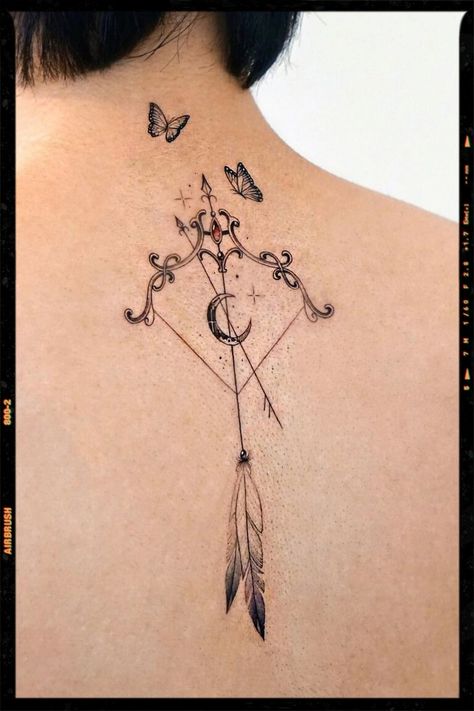 Inspiration Sagitarious Tattoos, Sagittarius Tattoo Ideas, Archer Tattoo, Back Tattoo Women Spine, Sagittarius Tattoo Designs, Pisces Tattoo Designs, Sagittarius Tattoo, Sagittarius Girl, Scorpio Tattoo