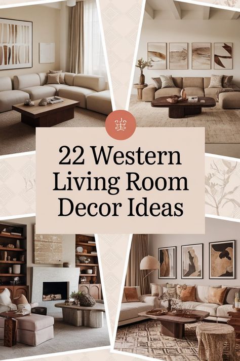 Collage of stylish western-style living rooms with various decor ideas. Cow Print Chairs In Living Room, Aztec Living Room Ideas, Yellowstone Inspired Living Room, Neutral Western Living Room, Southwestern Decorating Living Room, Southwest Farmhouse Decor, Modern Southwest Living Room, Western Living Room Ideas, Rustic Leather Sofa