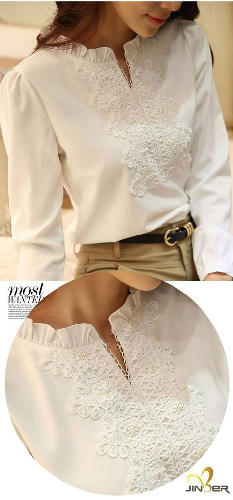 Áo Blu, Gilet Long, Pretty Blouses, Cute Blouses, Chiffon Shirt, Lace Shirt, White Blouse, Fashion Details, Dress Patterns