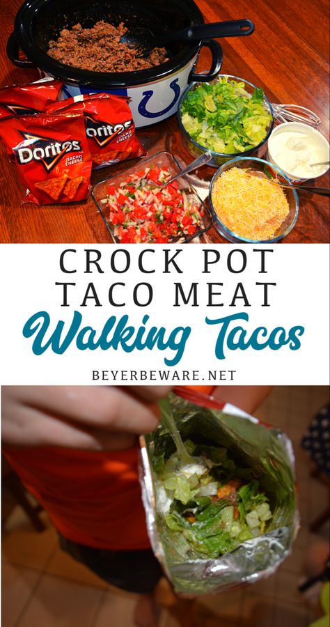 Appetizer Tacos, Crock Pot Taco Meat, Dinner For A Crowd, Dinner On The Go, Walking Taco Bar, Walking Tacos Recipe, Kids Birthday Food, Crockpot Foods, Walking Taco