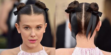 Millie Bobby Brown peinado lazo Ballet Hair Bun, Brown Hair Inspiration, Ballet Hairstyles, Waist Length Hair, Red Carpet Beauty, Space Buns, Glitter Eye Makeup, Slick Hairstyles, Ribbon Hair