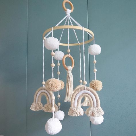 Neutral Boho Rainbow Baby Mobile for Crib Mobile Nursery DéCor Mobile For Crib, Wooden Baby Mobile, Rainbow Hanging, Neutral Crib, Rainbow Mobile, Bed Decoration, Gender Neutral Nursery Decor, Baby Room Neutral, Minimalist Nursery