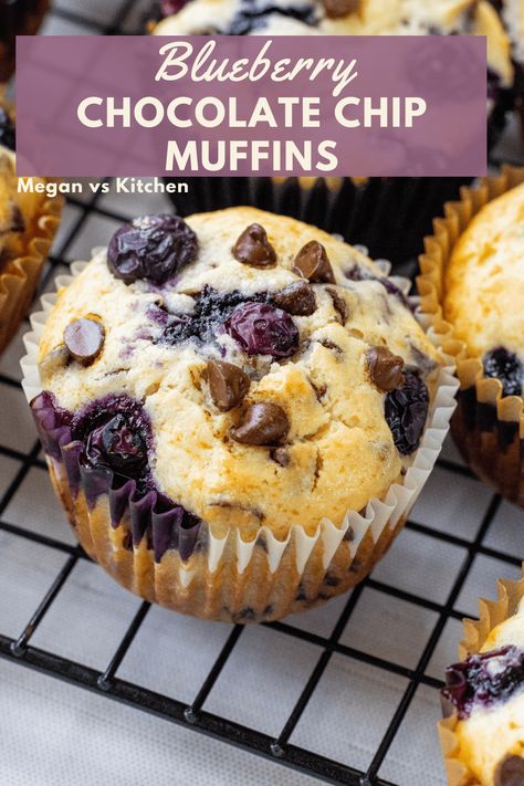 These baker-style Blueberry Chocolate Chip Muffins are easy and so fluffy. They are full of chocolate chips and blueberries. These sweet bakery style muffins are my favorite muffins to make for breakfast. Blueberry Chocolate Chip Muffins, White Chocolate Muffins, Homemade Blueberry Muffins, Healthy Muffin, Bakery Style Muffins, Blueberry Chocolate, Simple Muffin Recipe, Everything Chocolate, Healthy Muffin Recipes