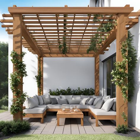 DIY Pergola Plans - Build a Stylish and Sturdy Wooden Pergola with Easy Step-by-Step Instructions for Your Outdoor Space by klashaus on Etsy Modern Pergola Triangle, Above Door Purgula, Bali Pergola Tropical, Wood Pergola Attached To House, Wooden Pergola Ideas, Pagola Ideas Design, Pergalo Ideas Pergolas, Terrace Pergola Design, Balcony With Pergola