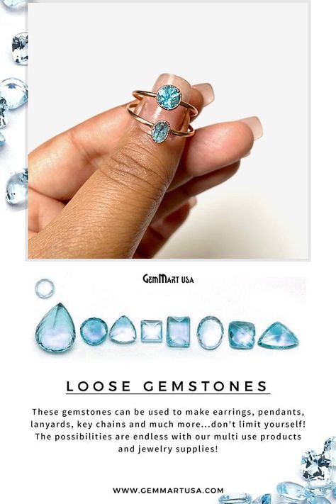 Loose gemstones are generally precious or semi-precious stones sold loose and not set in pieces of jewelry. Sometimes loose stones are used as an investment, but many consumers and gemstone dealers obtain them in bulk at reasonable or discount prices and have them set into pieces of jewelry for later sale at a profit. #loosegemstone #bluetopaz #bluetopazring #Handmade #Facetedstones #jewelrymaking #natural San Jose California, Loose Stones, Beads Online, Minimal Jewelry, Blue Topaz Ring, How To Make Earrings, California Usa, Diy Jewelry Making, Jewelry Making Supplies