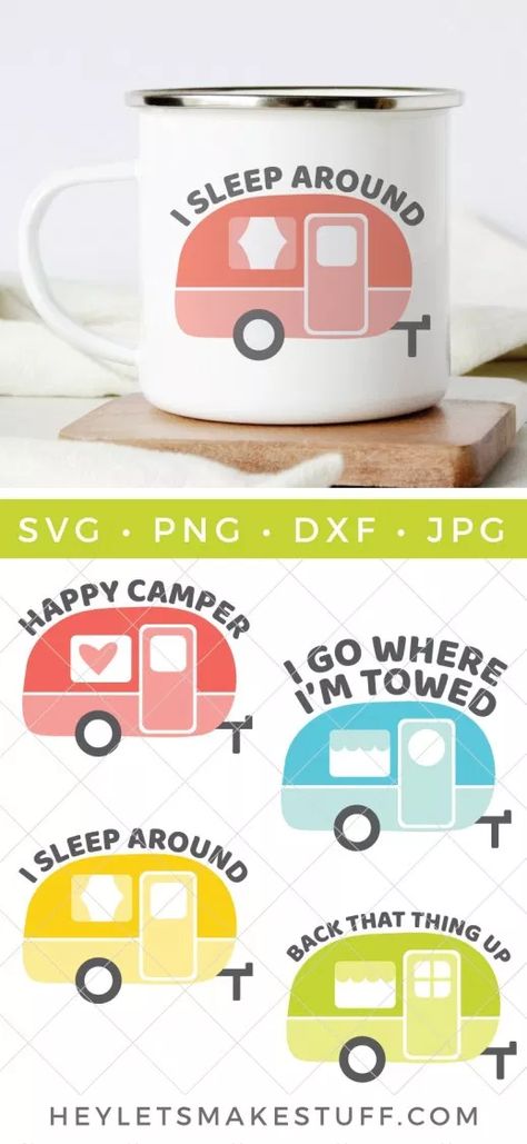 It's time to get your camp on! This Vintage Camper SVG Bundle is full of sassy camper 'tude, perfect for all your camper gear, decor, and accessories. Hitch up the trailer—the open road is waiting for you! Crafts For Campers, Cricut Camper Projects, Camper Cricut Projects, Rockabilly Couple, Camper Crafts, Gear Decor, Camper Decals, Camping Desserts, Camper Svg