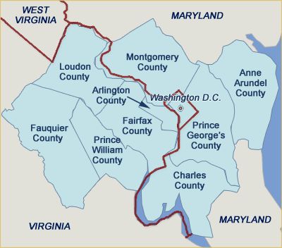 Good map of the counties surrounding Fairfax County. Arlington County, Loudon County and Prince William County border on the Virginia side. Charles County, Prince George's County and Montgomery County border on the Maryland side. Prince William County Virginia, Rockbridge County Virginia, Front Royal Virginia, Prince Georges, Washing Dc, Loudoun County Virginia, Fairfax Virginia, West Virginia Map, Fairfax County