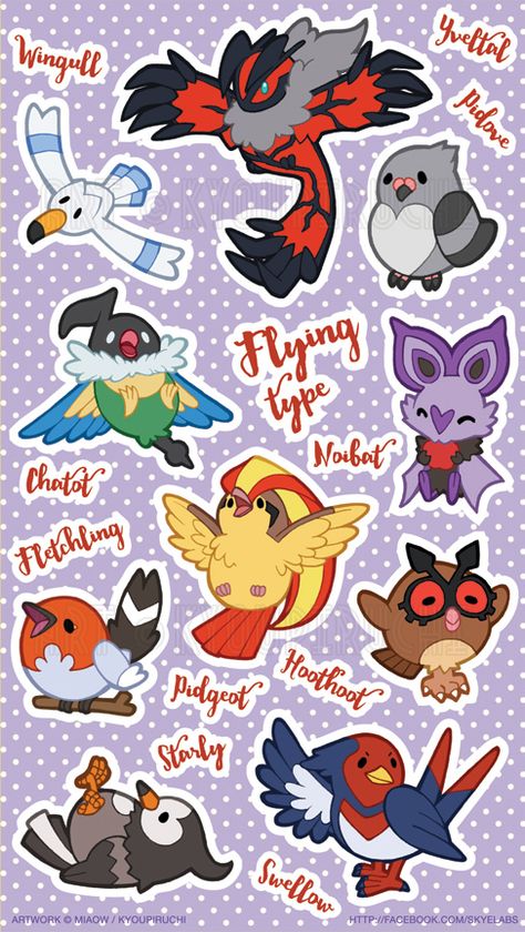 Flying Type Pokemon by miaow Pokemon Dragon Type, Cute Pokemon Stickers Printable, Meowth Regional Forms, Pokemon Birds Type, Flying Type Pokemon Art, Pokemon Sticker Sheet, Fairy Type Pokemon, Flying Type Pokemon, Flying Type