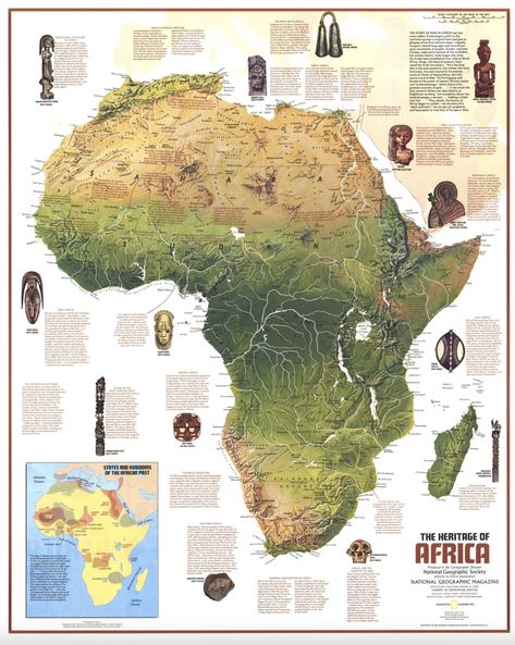 The story of man in Africa has had many storytellers: Archeologists point to the continent as man’s original home and give us glimpses of his first hesitant steps. Kings, rich beyond measure, fascinated Arab chroniclers. The Portuguese told Europe of the power of eastern African realms. Slowly, the story of Africa began to unfold—not the story of a “dark continent,” but an epic of complexity and fascination to rival that of Europe or Asia. This map of the heritage of Africa was created in 1971. National Geographic Maps, African Map, National Geographic Magazine, Africa Map, Alternate History, Wall Maps, Map Art Print, African History, Southern Africa